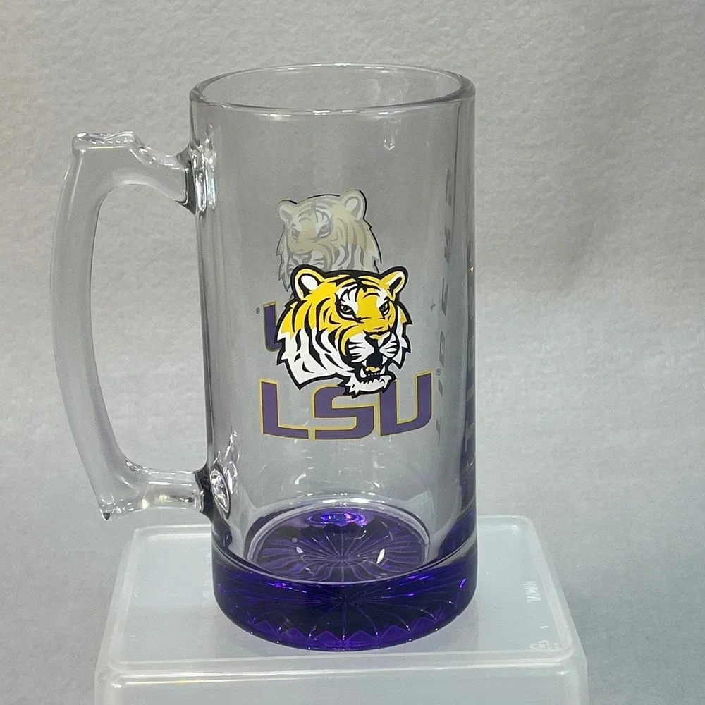 LSU TIGERS Glass Beer Mug Clear Purple Base Heavy Duty NCAA Football Barware